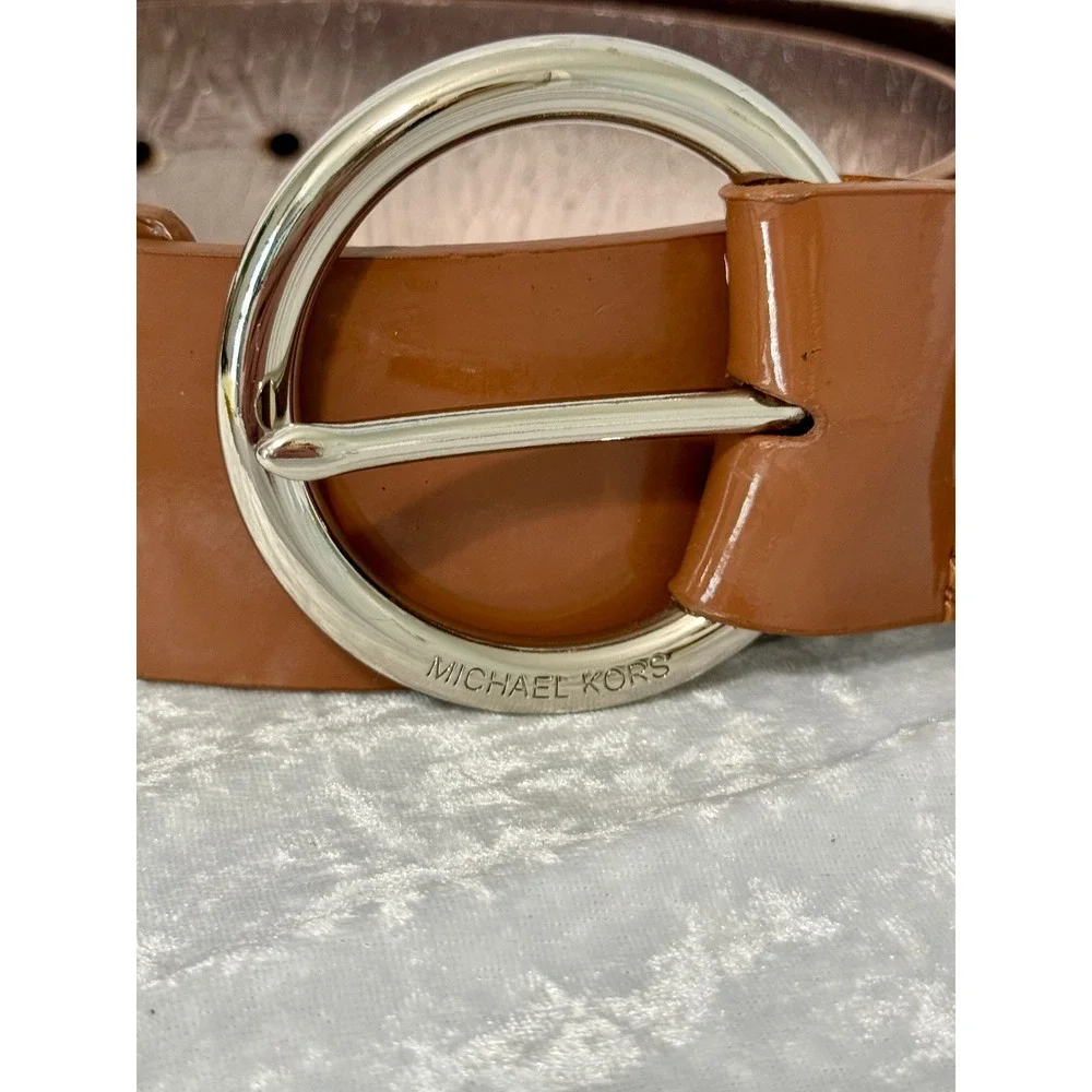 Michael Kors Womens Lug Brown Patent Leather Wide Belt Silver Buckle Med NWT
